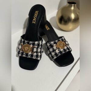 Versace Black and White Heels with Gold Medallion